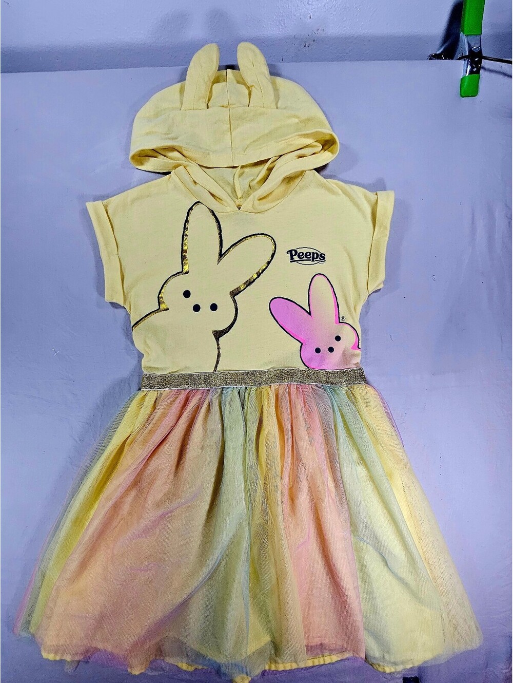 Peeps Kids' Hooded Dress with Bunny Ears and Rainbow Skirt. Size L 10/12